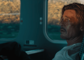 Ladybug (Brad Pitt) wounded sitting on the train.