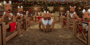 Two reindeer cuddling in the movie 'Elf Pets: Santa's Reindeer Rescue'.