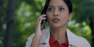 Kate Bradley (Tiya Sircar) talking at the phone in the Netflix movie 'Good Sam'.