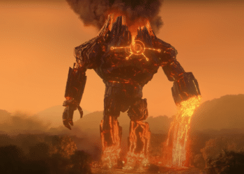 The Fire Titan in action in the Netflix movie 'Trollhunters: Rise of the Titans'.