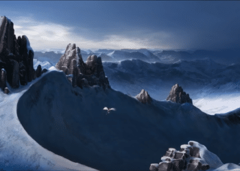 Firedrake flying through a breathtaking snowy landscape in the movie 'Dragon Rider'.
