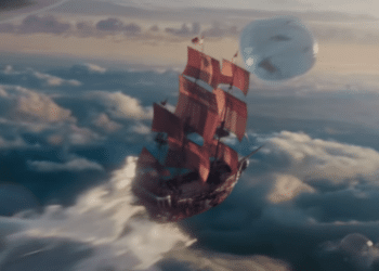 A stunning view with a flying ship in the 2015 movie 'Pan'.