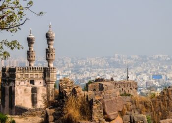 Hyderabad, India. View of Hyderabad cityscape from Golkonda fort walls.