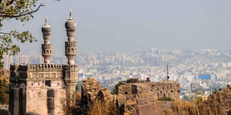 Hyderabad, India. View of Hyderabad cityscape from Golkonda fort walls.