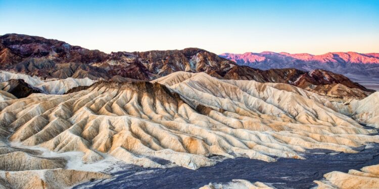Badlands view from Zabriskie Point in Death Valley National Park at Sunset, California