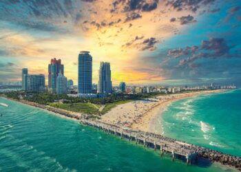 Panoramic view of South Beach at Miami South Pointe Park with high skyscrapers