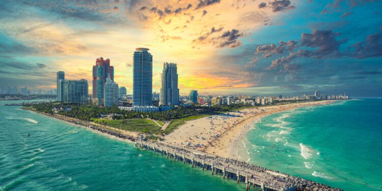 Panoramic view of South Beach at Miami South Pointe Park with high skyscrapers