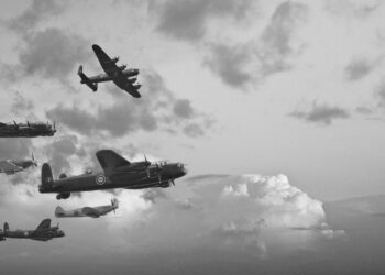 Black and white retro image of Lancaster bombers from Battle of Britain in World War Two