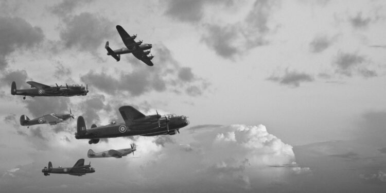 Black and white retro image of Lancaster bombers from Battle of Britain in World War Two