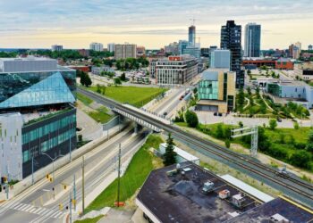 An aerial scene of Kitchener, Ontario, Canada in summer