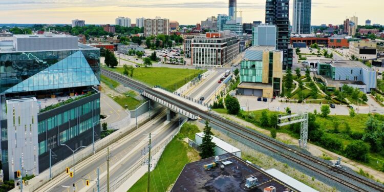 An aerial scene of Kitchener, Ontario, Canada in summer