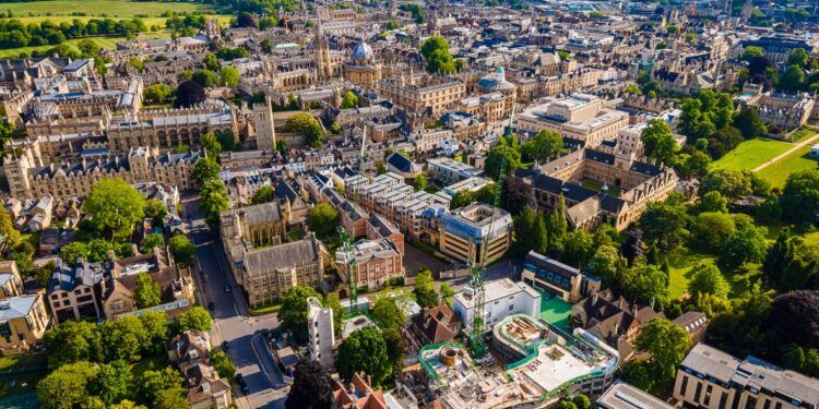 The aerial view of Oxford city center in summer, UK