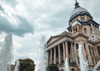 Ornamental water fountain on the grounds of the Illinois State Capitol Complex in Springfield, IL, USA. The majestic Illinois State Capitol Building stands tall in the background.
