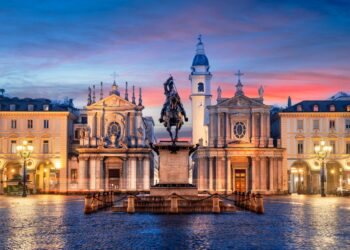 Turin, Italy at Piazza San Carlo during twilight.