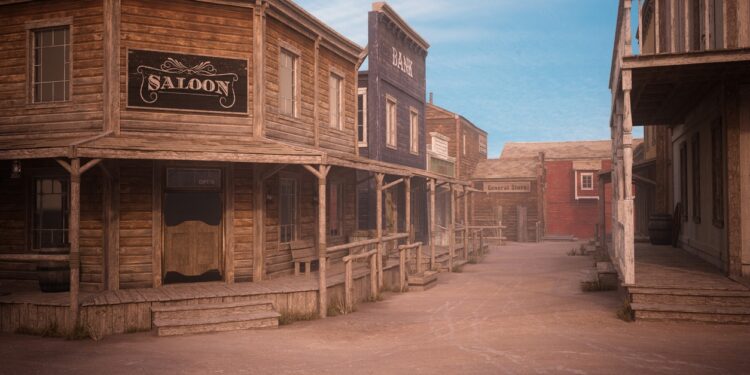 Empty dirt street in an old western town with various wooden buildings. 3D rendering.
