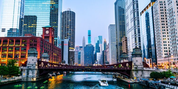 Chicago Riverwalk and Skyscrapers