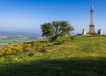 Early May morning with views west from the top of Combe Hill the highest point on the Chiltern Hills in Buckinghamshire south east England. With Chequers to the left