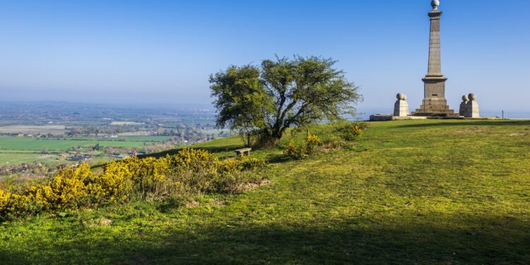 Early May morning with views west from the top of Combe Hill the highest point on the Chiltern Hills in Buckinghamshire south east England. With Chequers to the left