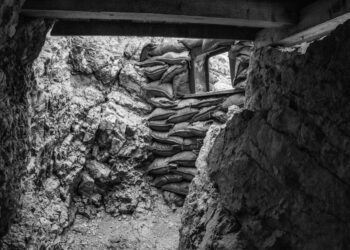 Old trenches and barbed wire at the Mount Lagazuoi fortification, built during the First World War, autonomous province of South Tirol