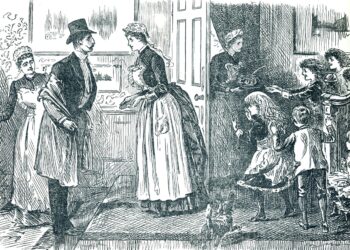 Victorian family welcoming home dad from work 19th century illustration
