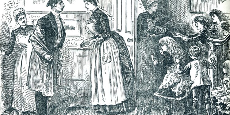 Victorian family welcoming home dad from work 19th century illustration