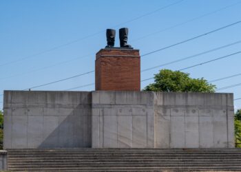The feet and boots remaining from a toppled statute monument to Soviet leader Joseph Stalin, outside Memento Park in Budapest, Hungary.