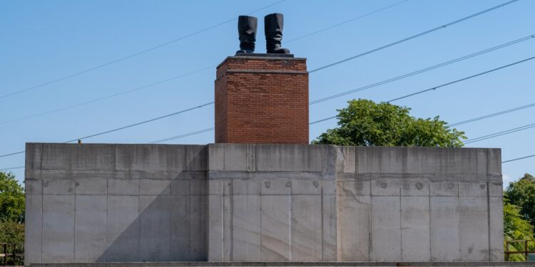 The feet and boots remaining from a toppled statute monument to Soviet leader Joseph Stalin, outside Memento Park in Budapest, Hungary.