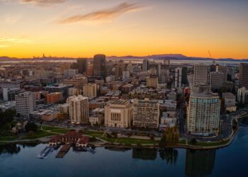Aerial View of Downtown Oakland, California at Dusk