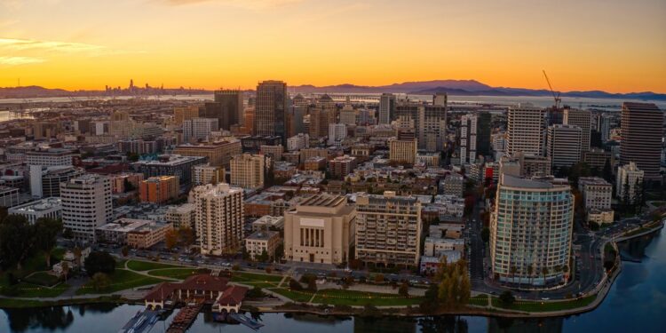 Aerial View of Downtown Oakland, California at Dusk