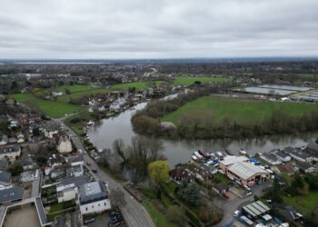 River Thames Shepperton Surrey UK drone aerial view