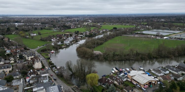 River Thames Shepperton Surrey UK drone aerial view