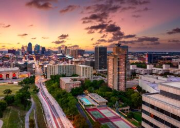 Aerial view of Kansas City skyline at dusk, viewed from Penn Valley Park. Kansas City is the largest city in Missouri.