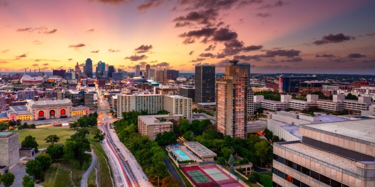 Aerial view of Kansas City skyline at dusk, viewed from Penn Valley Park. Kansas City is the largest city in Missouri.