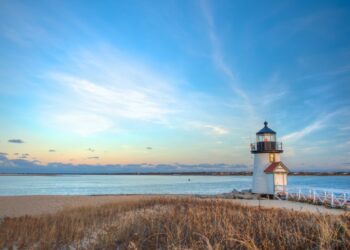 Landscape image taken from shore on a desolate day at Brant Point in Nantucket MA