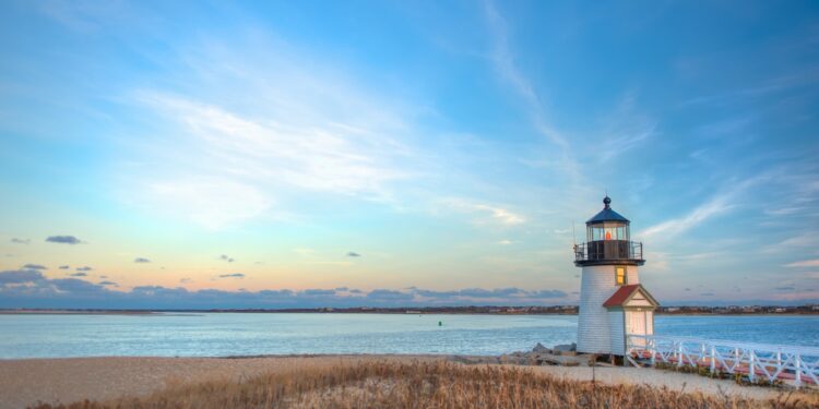 Landscape image taken from shore on a desolate day at Brant Point in Nantucket MA