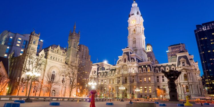 Philadelphia's landmark historic City Hall building at twilight