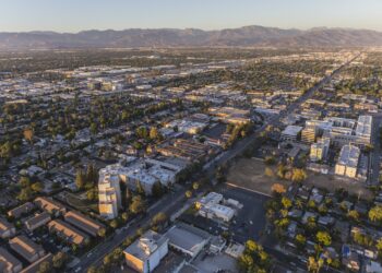 Late afternoon aerial view of Sherman Way in the San Fernando Valley area of Los Angeles, California.