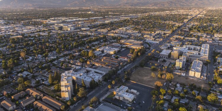 Late afternoon aerial view of Sherman Way in the San Fernando Valley area of Los Angeles, California.