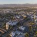 Late afternoon aerial view of Sherman Way in the San Fernando Valley area of Los Angeles, California.