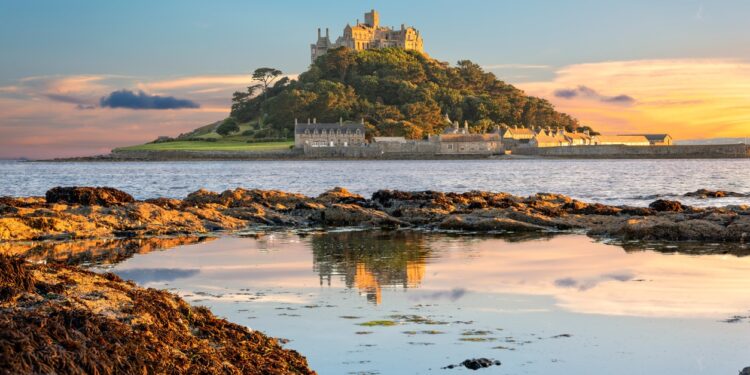 View of Mounts Bay and St Michael's Mount island in Cornwall at sunset