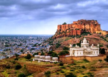 Mehrangharh Fort and Jaswant Thada mausoleum in the Blue city Jodhpur, Rajasthan, India