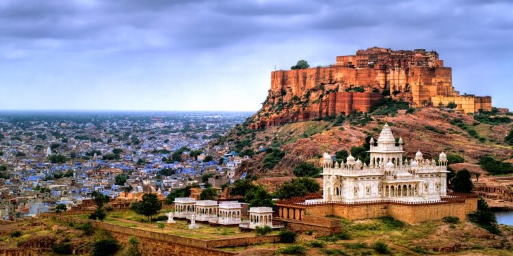 Mehrangharh Fort and Jaswant Thada mausoleum in the Blue city Jodhpur, Rajasthan, India