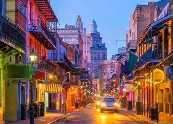 Pubs and bars with neon lights in the French Quarter, New Orleans USA